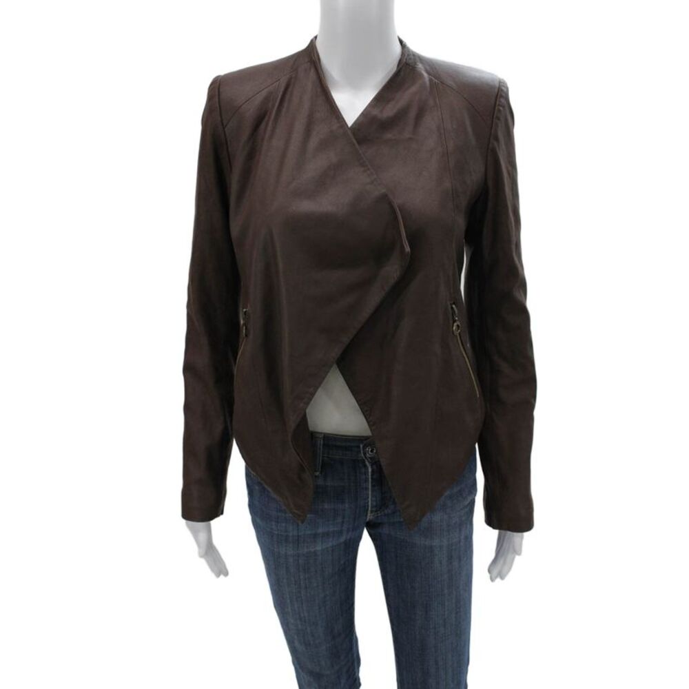 Neiman Marcus Womens Genuine Leather Brown Zip Jacket Long Sleeve Size S